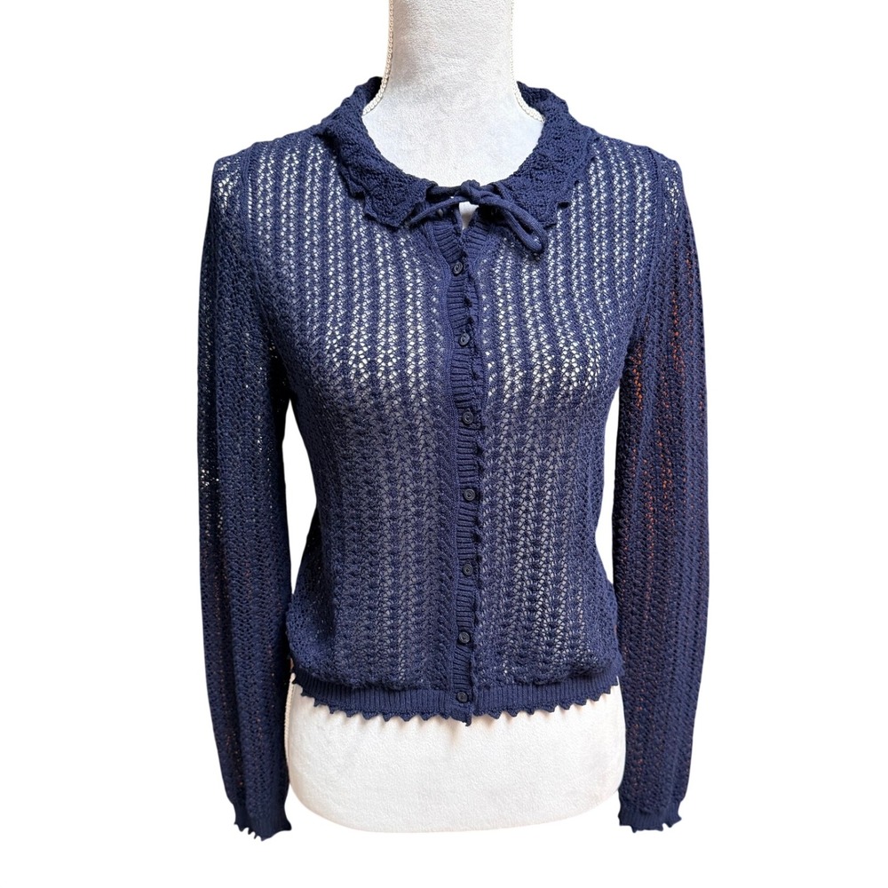 Gap x DOEN Pointelle Cardigan Navy Blue XS Linen Blend Peter Pan Collar Bow Tie